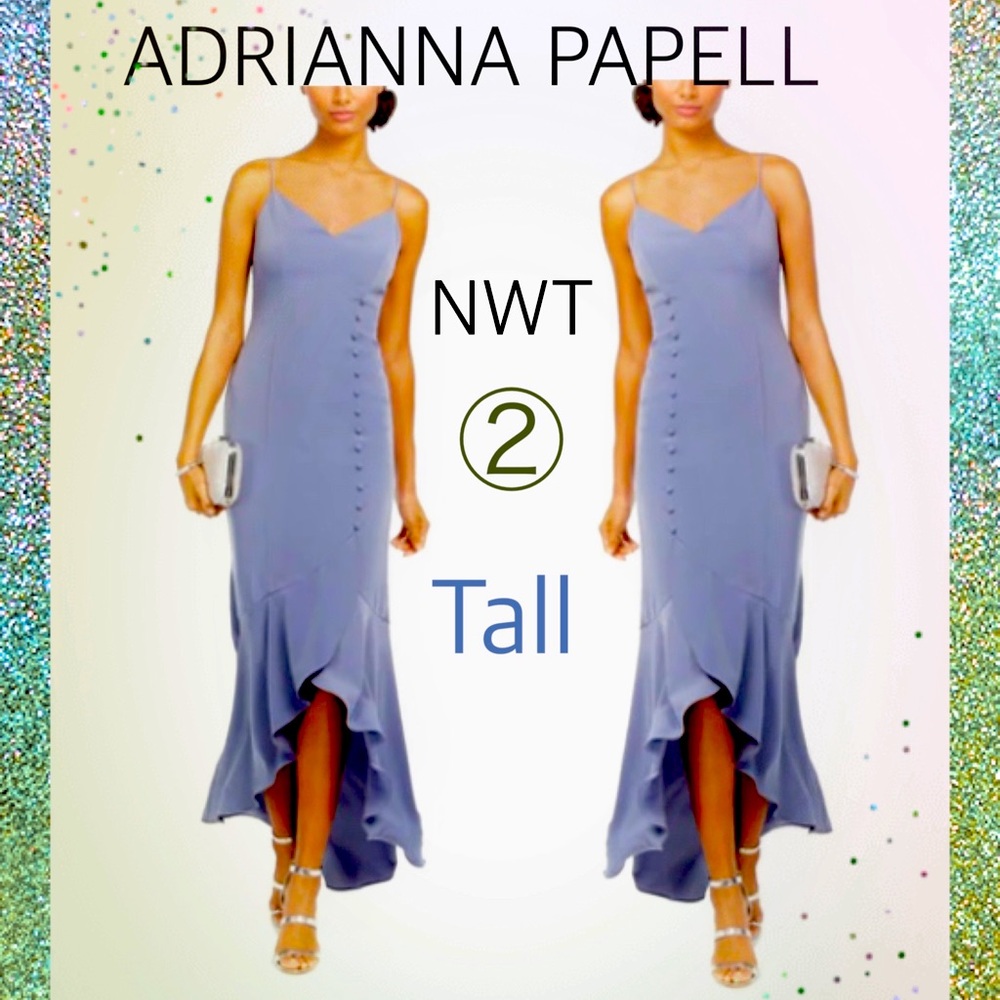 NWT Adrianna Papell maxi dusty blue periwinkle ruffle high low sweetheart